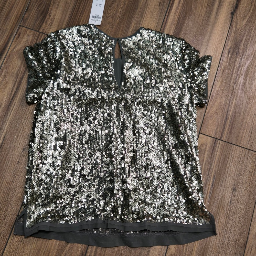 Abercrombie & Fitch NWT Silver Sequin Short Sleeve Keyhole Top XS NEW $68 - Picture 7 of 11